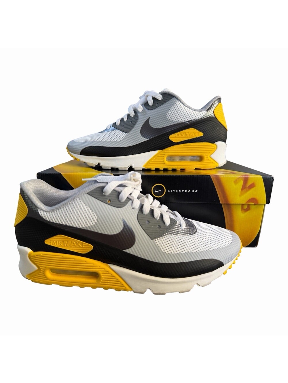 Nike Air Max 90 Hyperfuse Livestrong White Grey Maize 526584-107 Sz 10 w/ Box